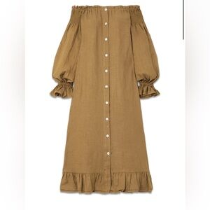 SLEEPER Romantica Off-The-Shoulder Organic Linen Midi Dress